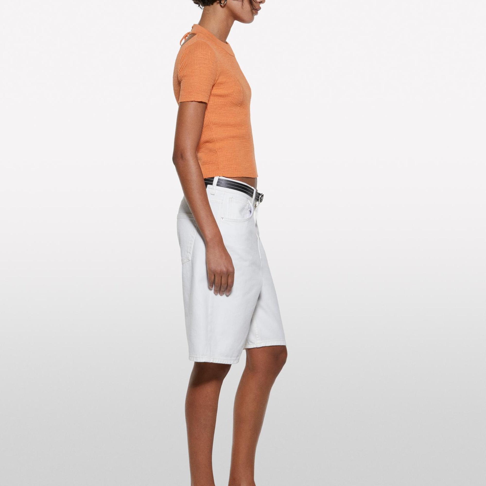 Kadın Turuncu Keten Karışımlı Slim Fit Kısa Kollu Kazak