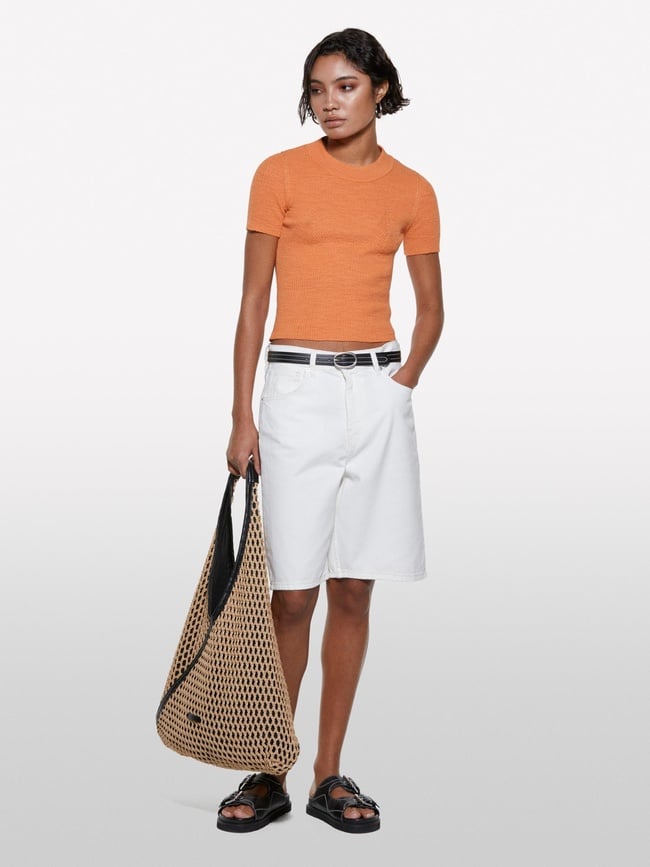  Kadın Turuncu Keten Karışımlı Slim Fit Kısa Kollu Kazak