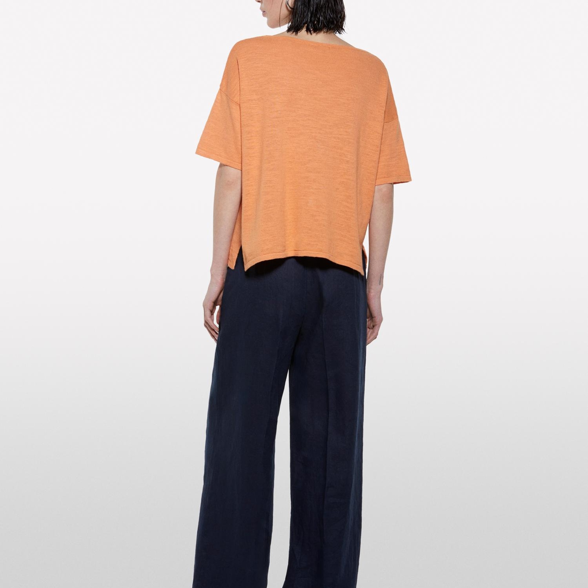 Kadın Turuncu Keten Karışımlı Bisiklet Yaka Oversize T-Shirt