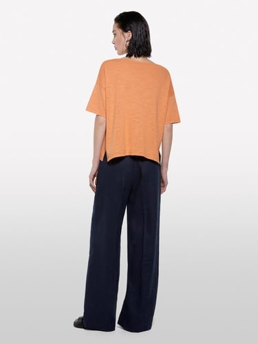  Kadın Turuncu Keten Karışımlı Bisiklet Yaka Oversize T-Shirt