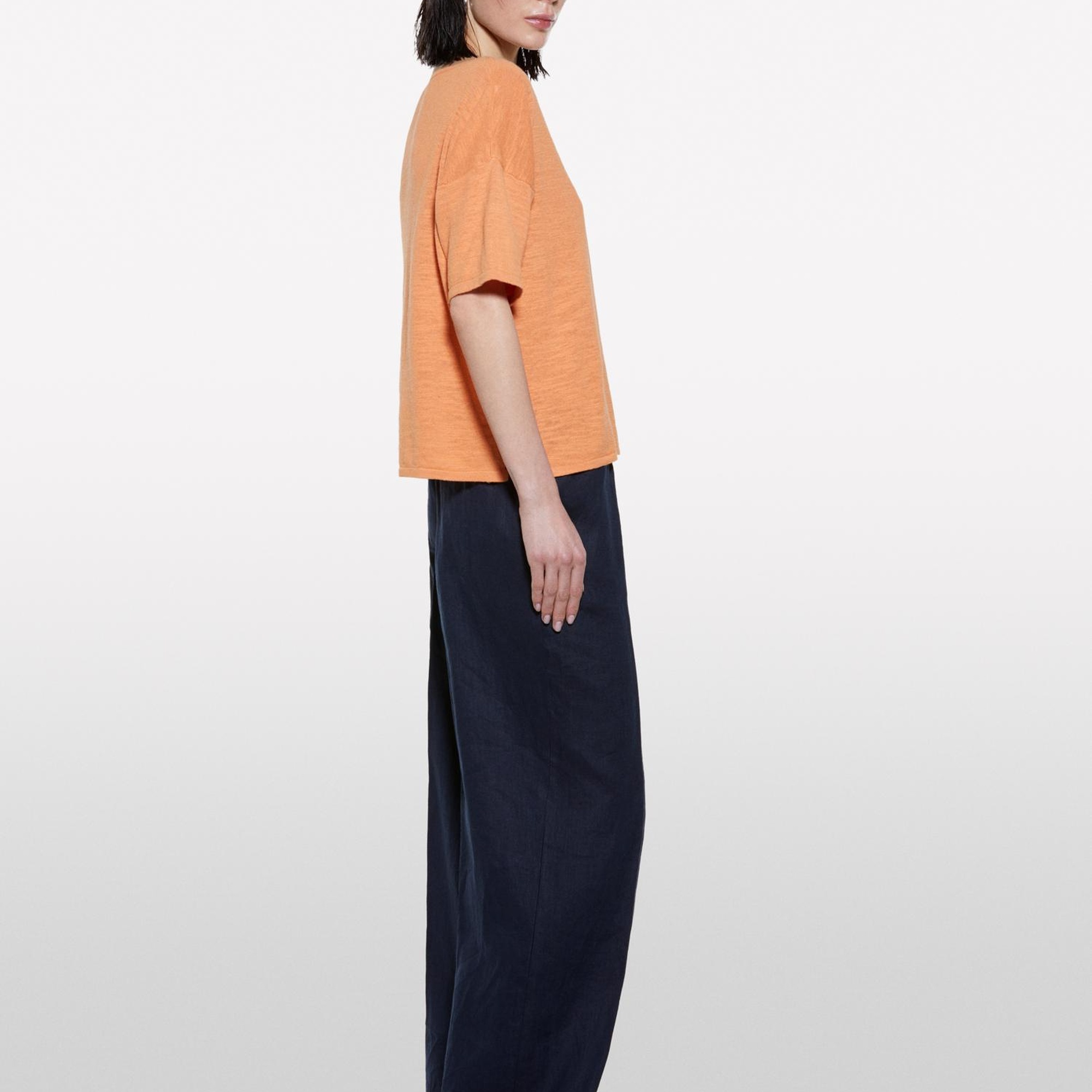 Kadın Turuncu Keten Karışımlı Bisiklet Yaka Oversize T-Shirt