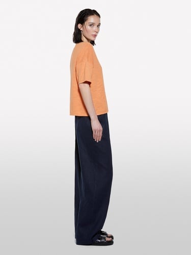  Kadın Turuncu Keten Karışımlı Bisiklet Yaka Oversize T-Shirt