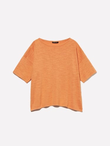  Kadın Turuncu Keten Karışımlı Bisiklet Yaka Oversize T-Shirt