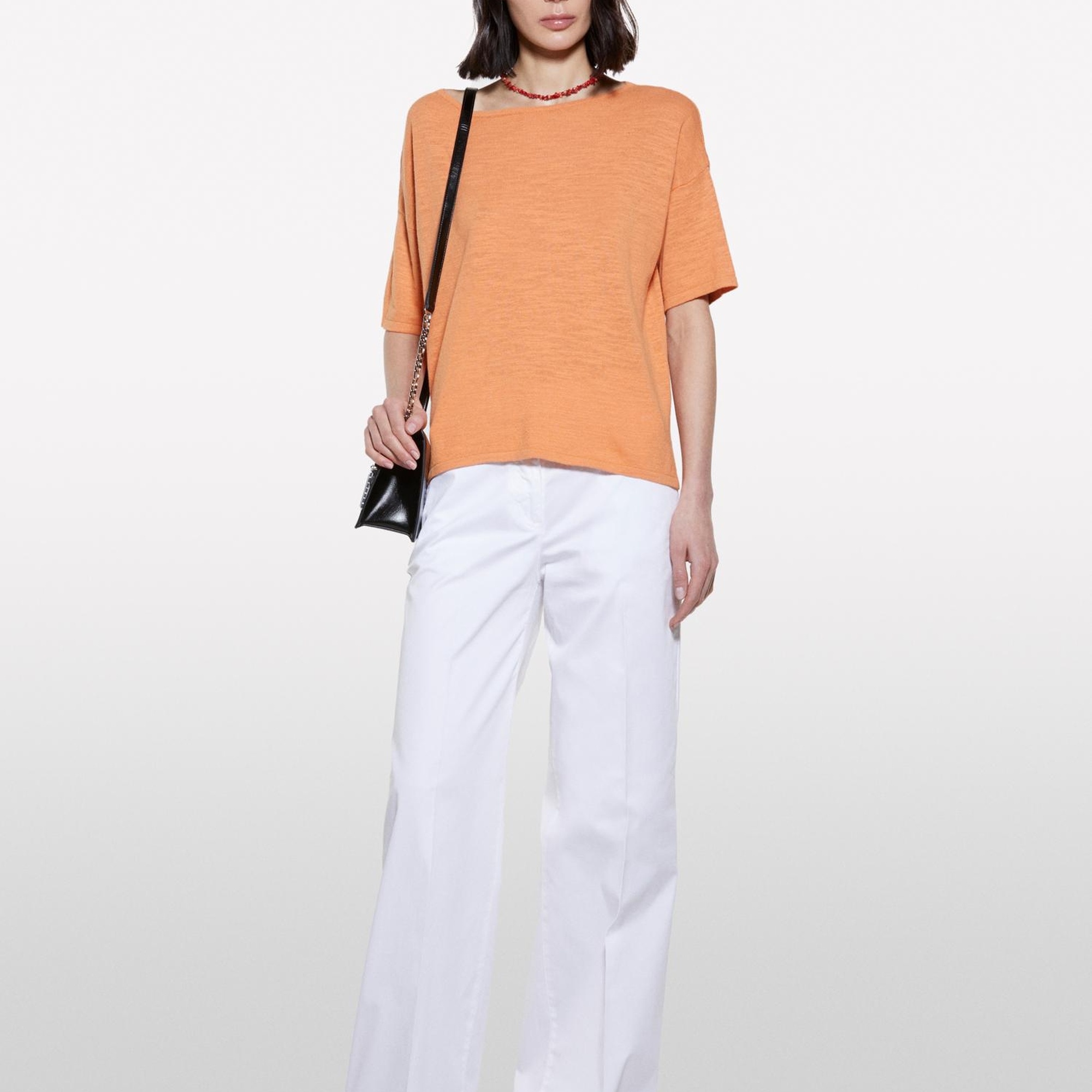 Kadın Turuncu Keten Karışımlı Bisiklet Yaka Oversize T-Shirt