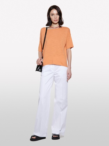  Kadın Turuncu Keten Karışımlı Bisiklet Yaka Oversize T-Shirt