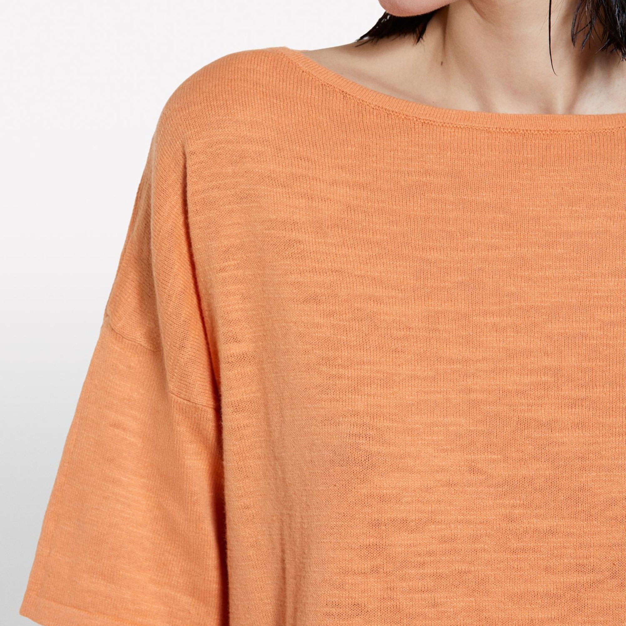 Kadın Turuncu Keten Karışımlı Bisiklet Yaka Oversize T-Shirt