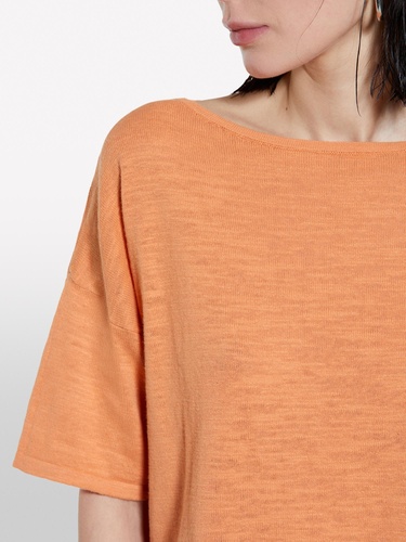  Kadın Turuncu Keten Karışımlı Bisiklet Yaka Oversize T-Shirt