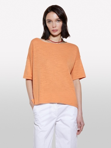  Kadın Turuncu Keten Karışımlı Bisiklet Yaka Oversize T-Shirt