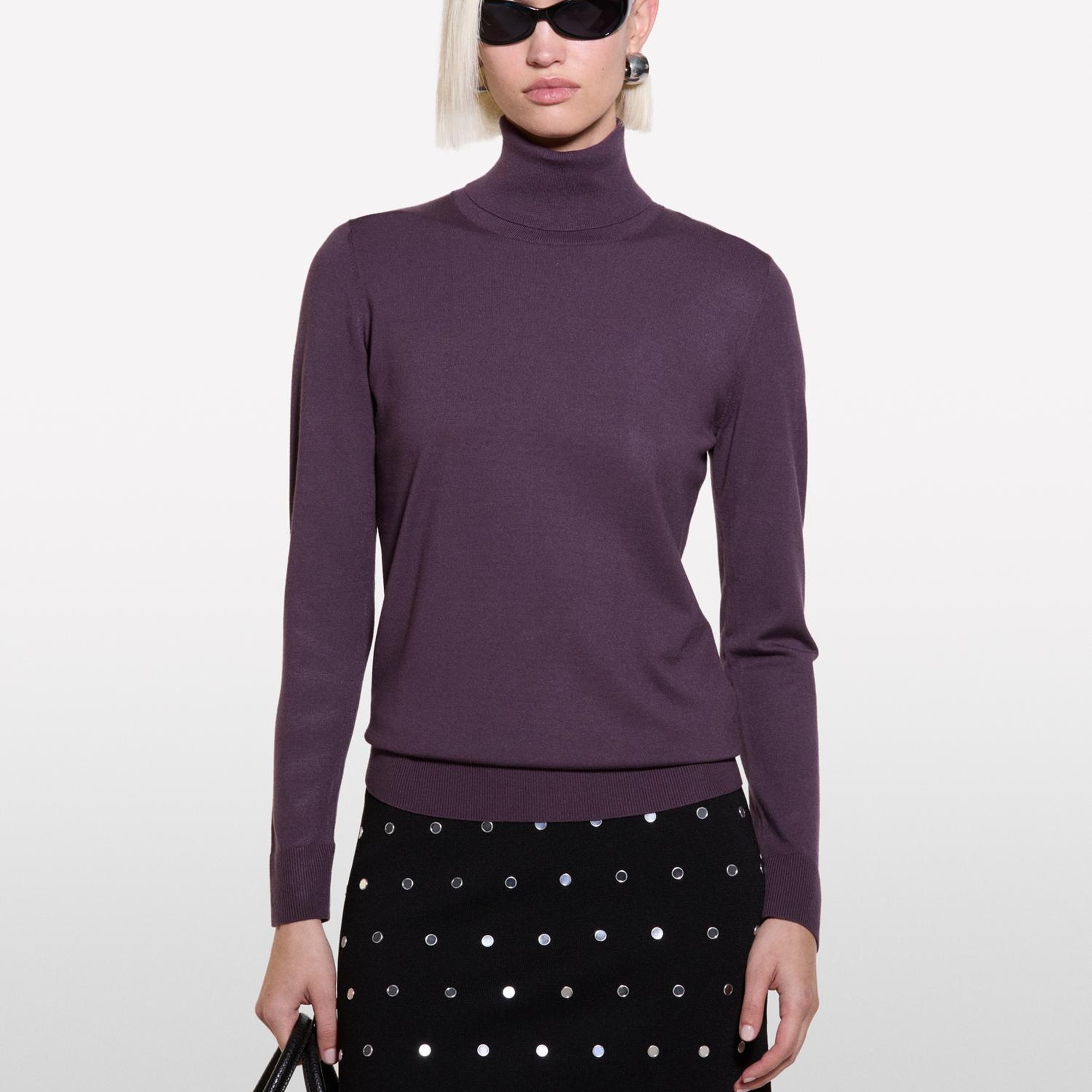 Kadın Mor Viskoz Karışımlı Balıkçı Yaka Düz Kazak