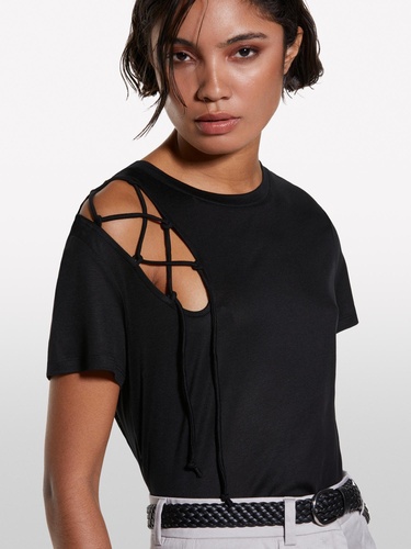  Kadın Siyah %100 Liyosel Omzu Detaylı Bisiklet Yaka Relax Fit T-Shirt