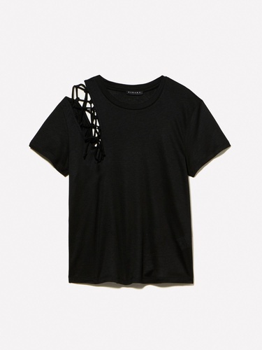  Kadın Siyah %100 Liyosel Omzu Detaylı Bisiklet Yaka Relax Fit T-Shirt