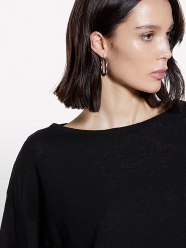  Kadın Siyah Keten Karışımlı Bisiklet Yaka Oversize T-Shirt