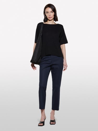  Kadın Siyah Keten Karışımlı Bisiklet Yaka Oversize T-Shirt