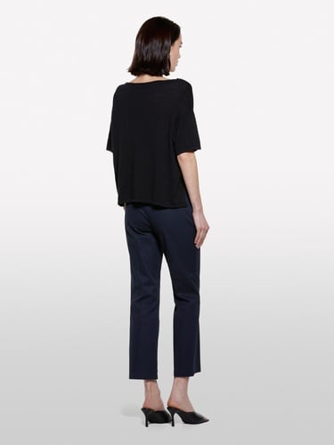  Kadın Siyah Keten Karışımlı Bisiklet Yaka Oversize T-Shirt