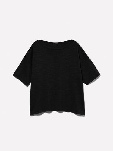  Kadın Siyah Keten Karışımlı Bisiklet Yaka Oversize T-Shirt