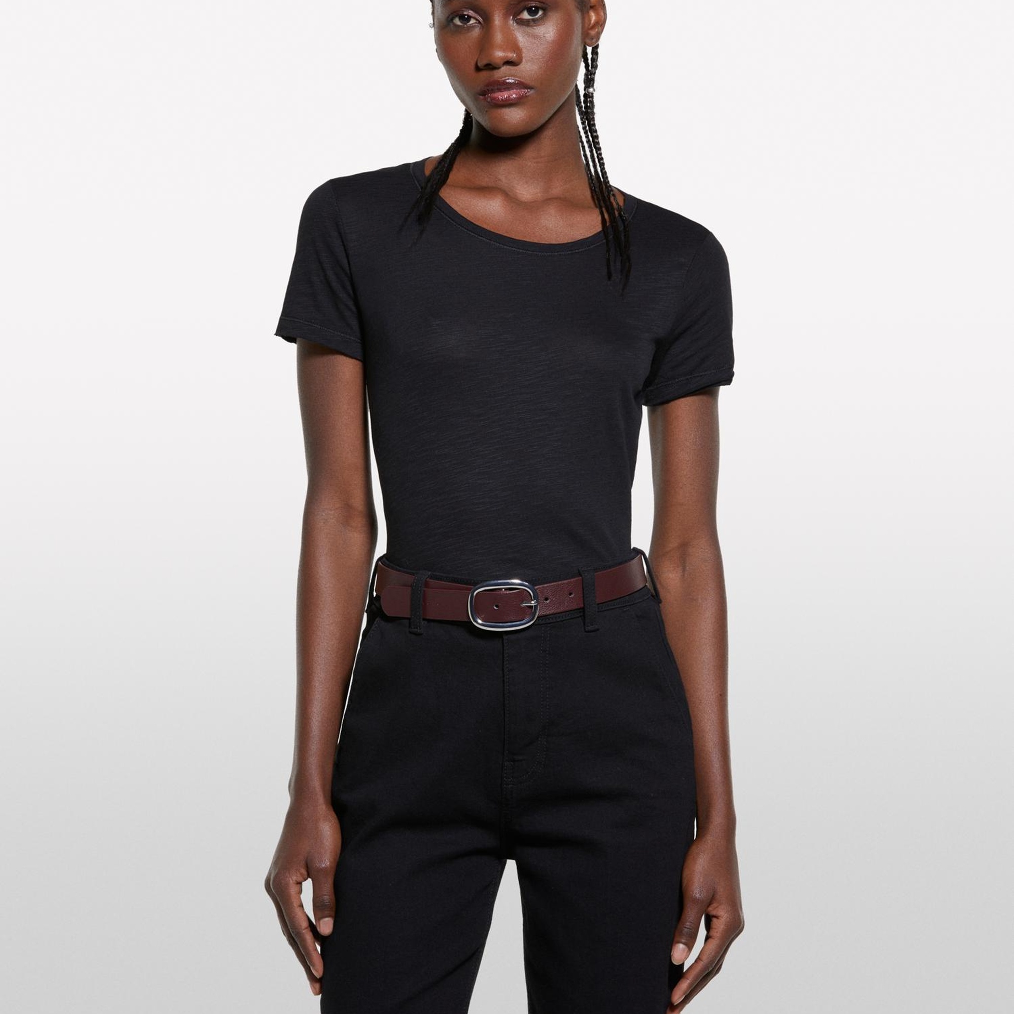 Kadın Siyah Pamuk Modal Karışımlı Normal Kalıp Bisiklet Yaka T-Shirt