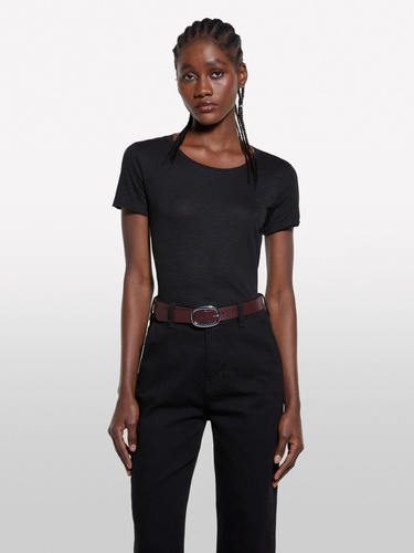  Kadın Siyah Pamuk Modal Karışımlı Normal Kalıp Bisiklet Yaka T-Shirt