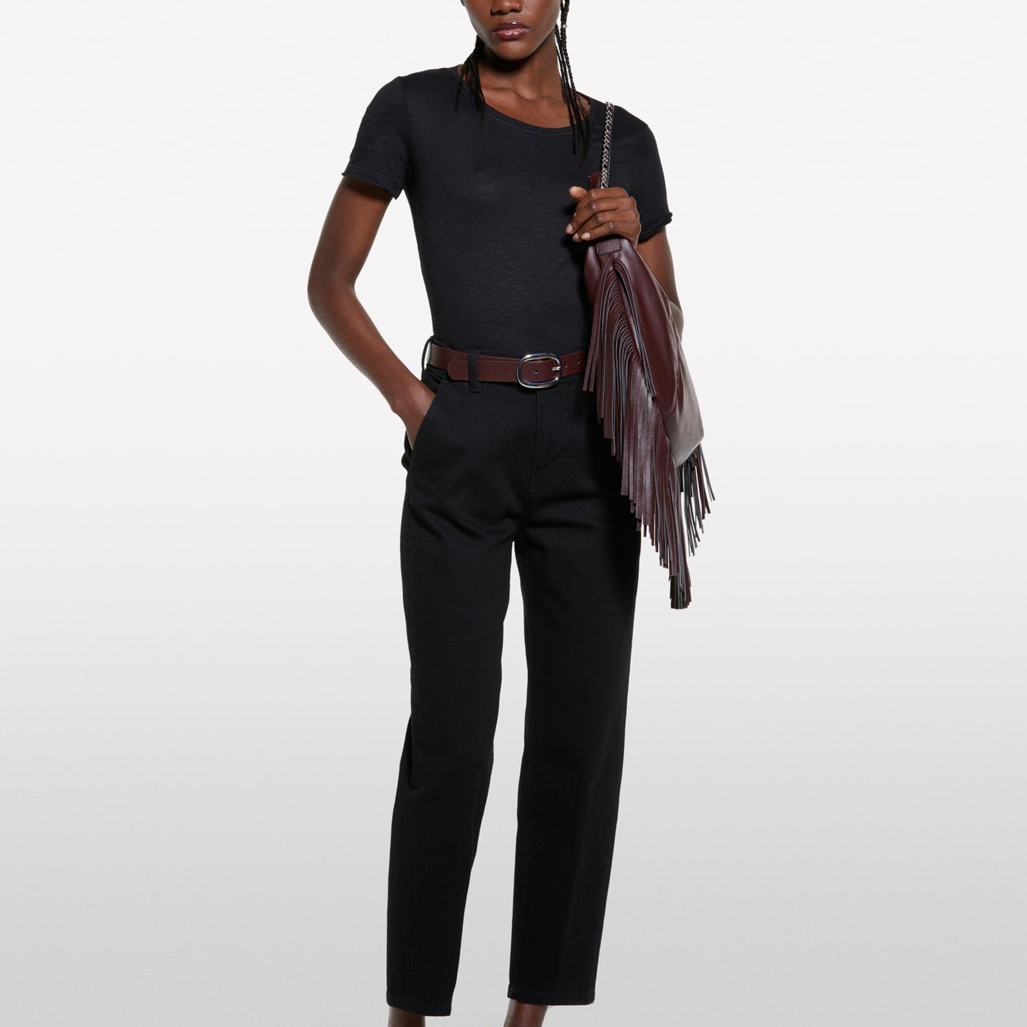 Kadın Siyah Pamuk Modal Karışımlı Normal Kalıp Bisiklet Yaka T-Shirt