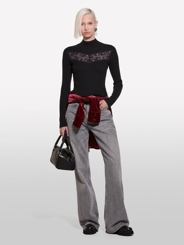  Kadın Siyah Yün Karışımlı Önü Dantel Detaylı Dar Kesim Kazak