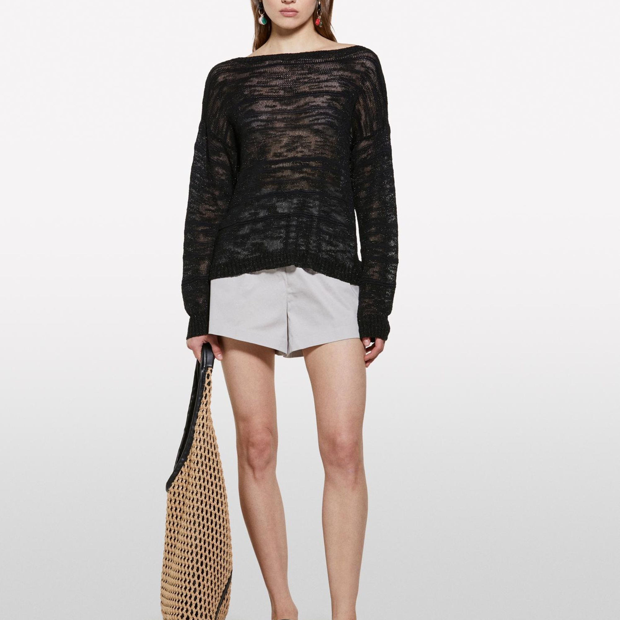 Kadın Siyah Pamuk Karışımlı Kayık Yaka Regular Fit Kazak