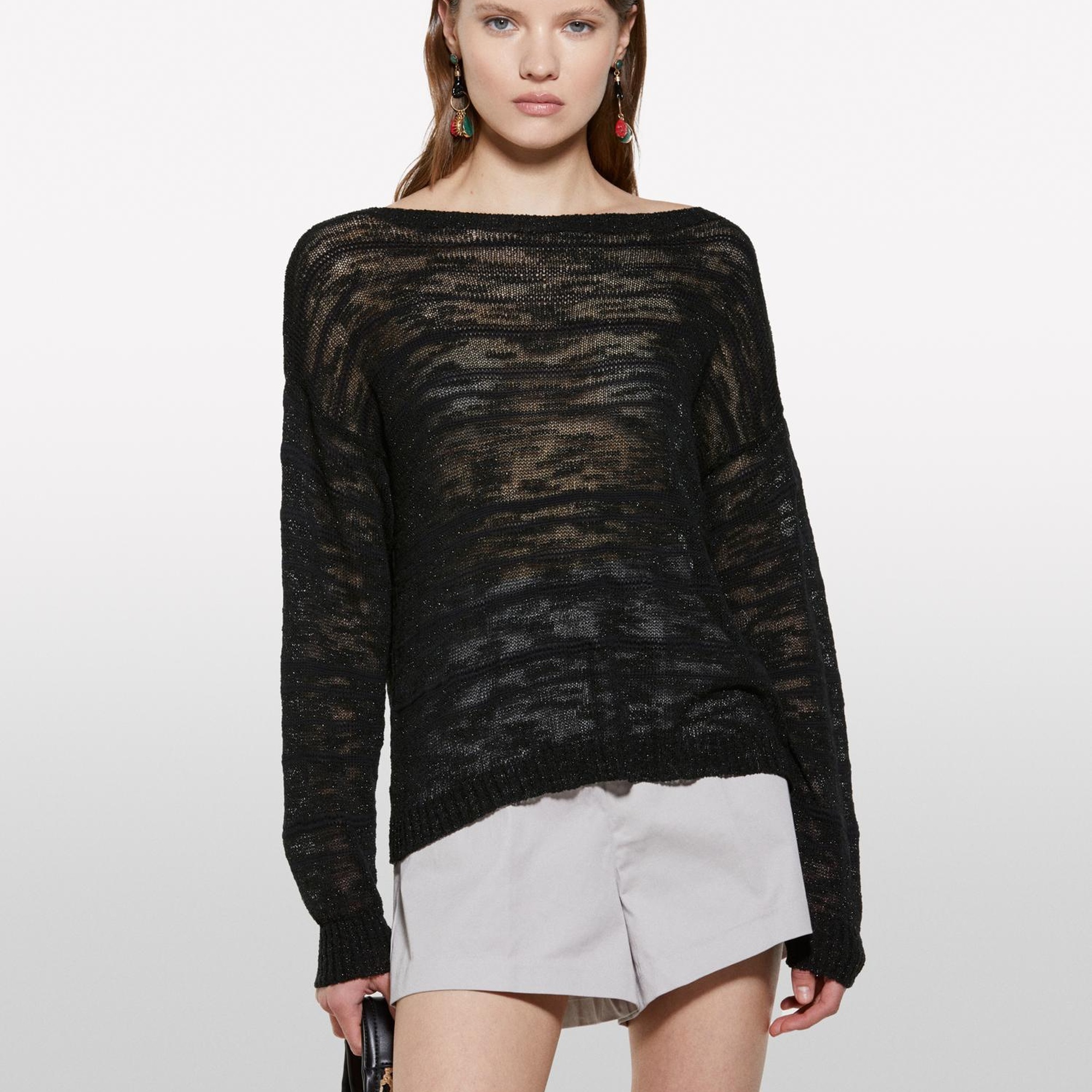 Kadın Siyah Pamuk Karışımlı Kayık Yaka Regular Fit Kazak