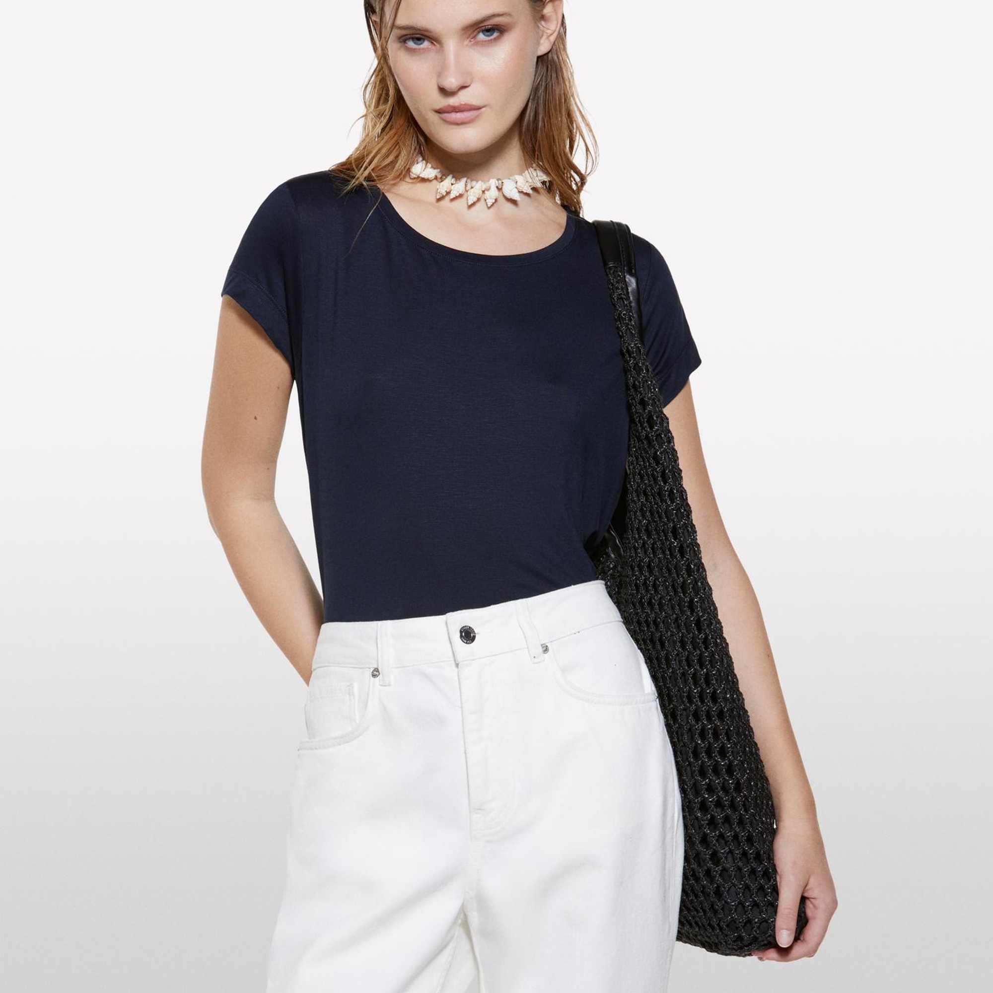 Kadın Koyu Lacivert Viskoz Karışımlı Bisiklet Yaka Regular Fit T-Shirt