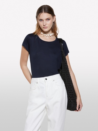  Kadın Koyu Lacivert Viskoz Karışımlı Bisiklet Yaka Regular Fit T-Shirt