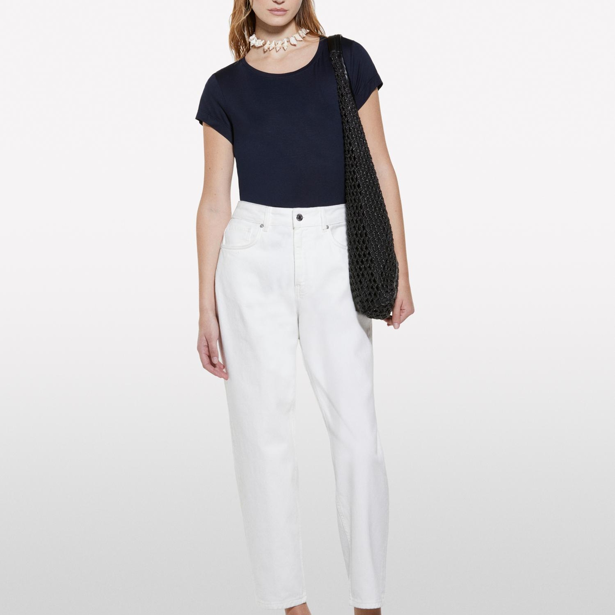 Kadın Koyu Lacivert Viskoz Karışımlı Bisiklet Yaka Regular Fit T-Shirt