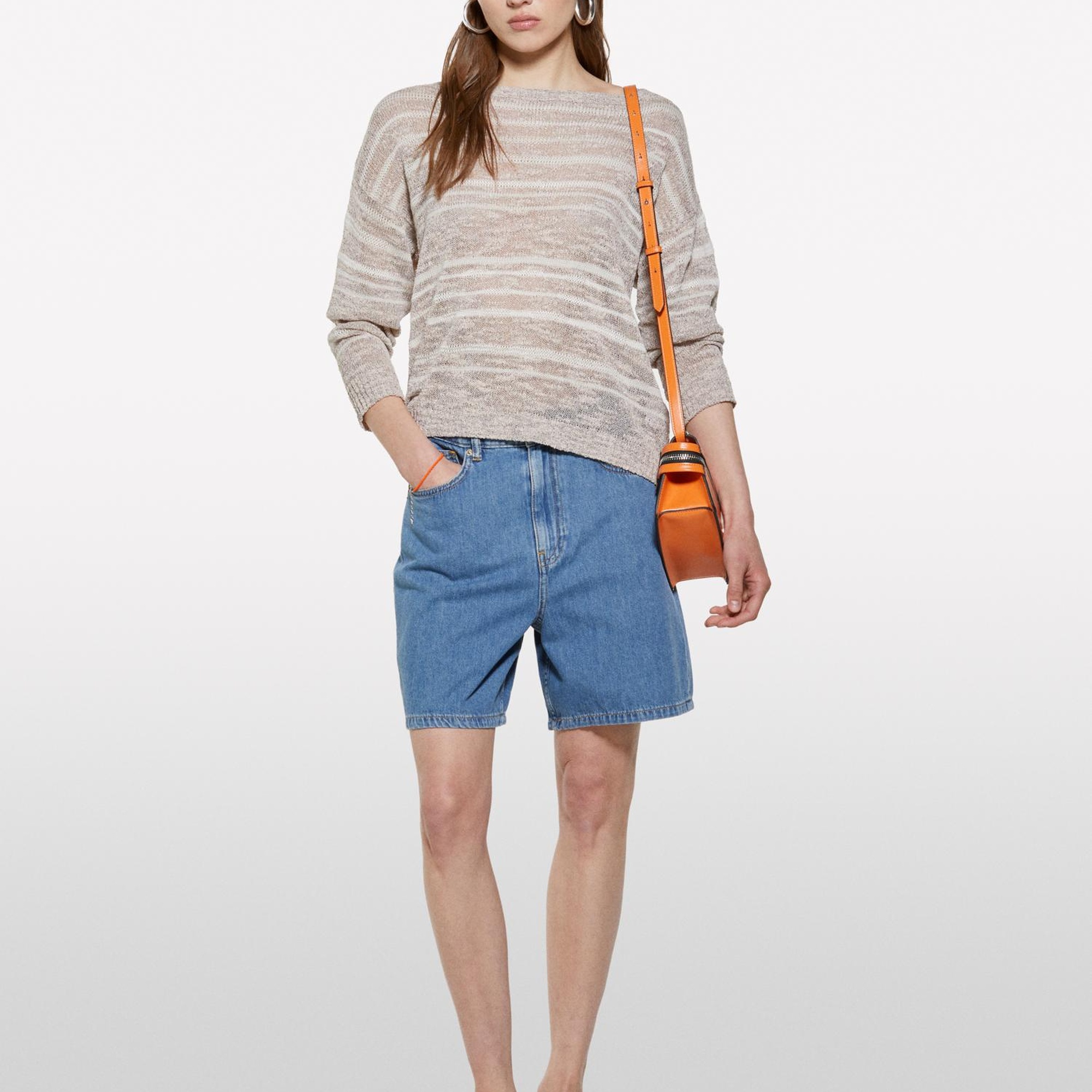 Kadın Bej Pamuk Karışımlı Kayık Yaka Regular Fit Kazak