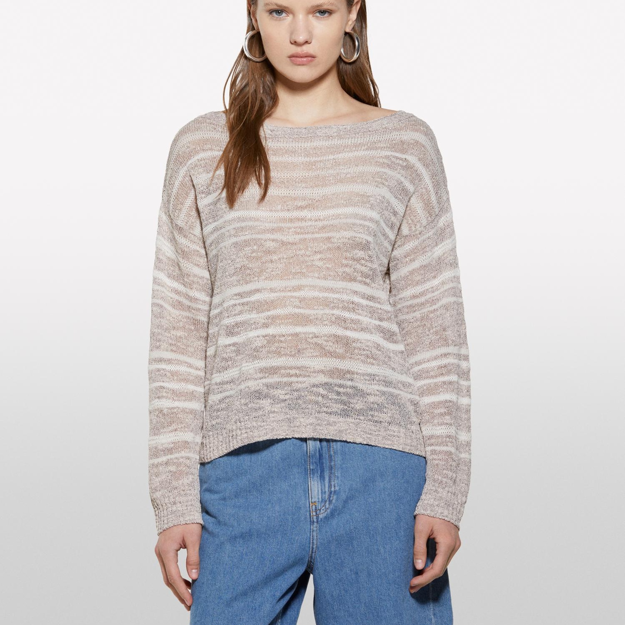 Kadın Bej Pamuk Karışımlı Kayık Yaka Regular Fit Kazak