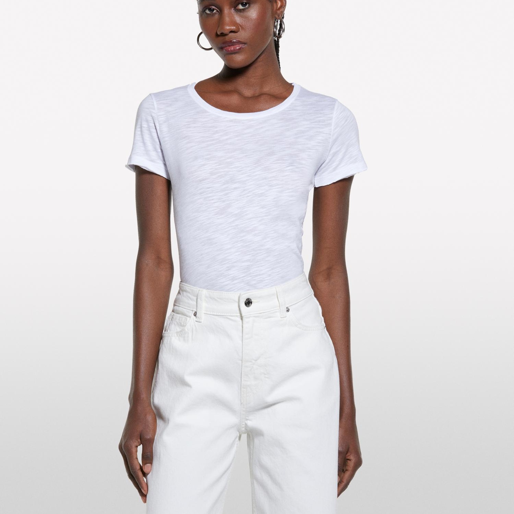 Kadın Beyaz Pamuk Modal Karışımlı Normal Kalıp Bisiklet Yaka T-Shirt