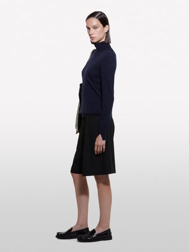  Kadın Lacivert Yün ve Kaşmir Karışımlı Ribana Detaylı Balıkçı Yaka Kazak