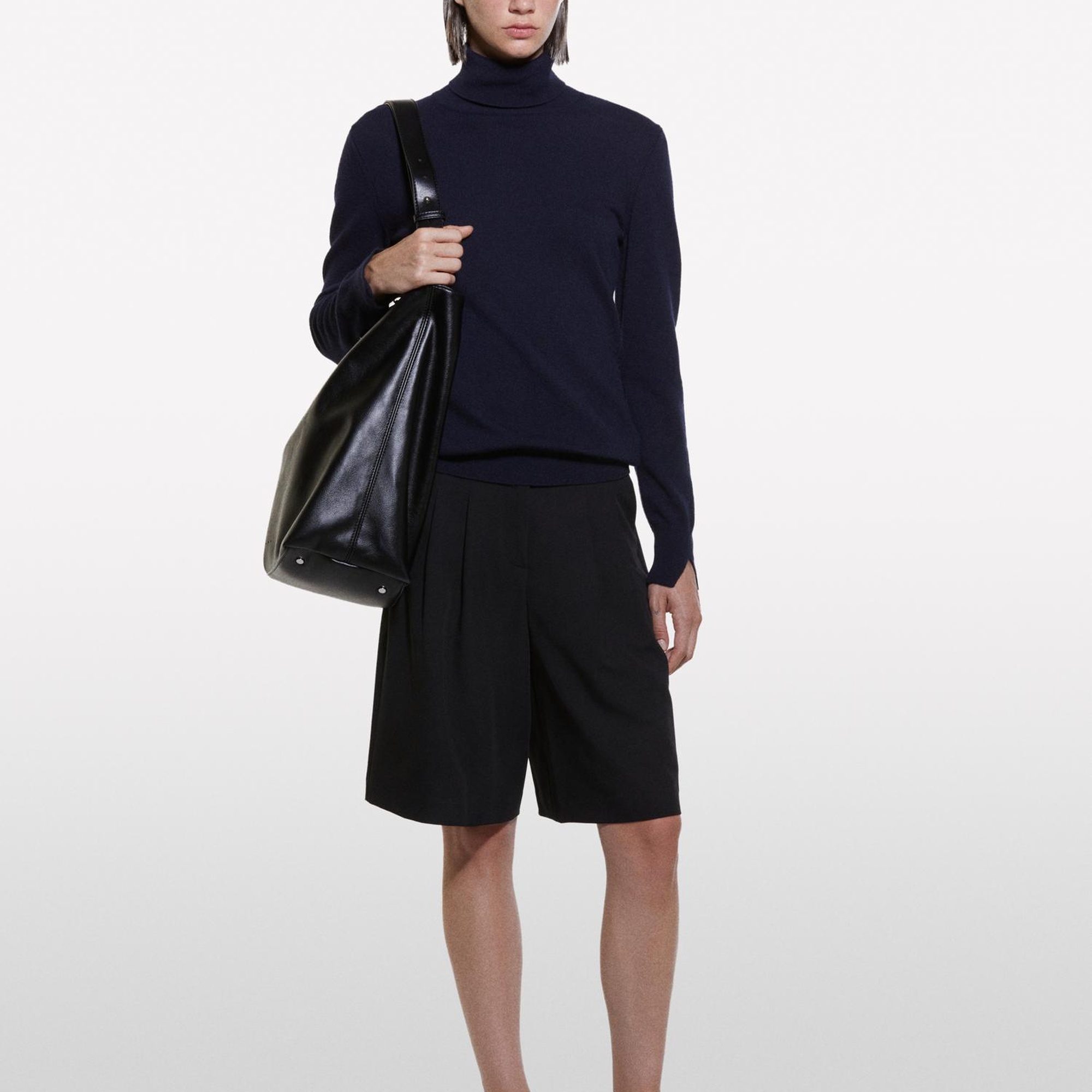 Kadın Lacivert Yün ve Kaşmir Karışımlı Ribana Detaylı Balıkçı Yaka Kazak