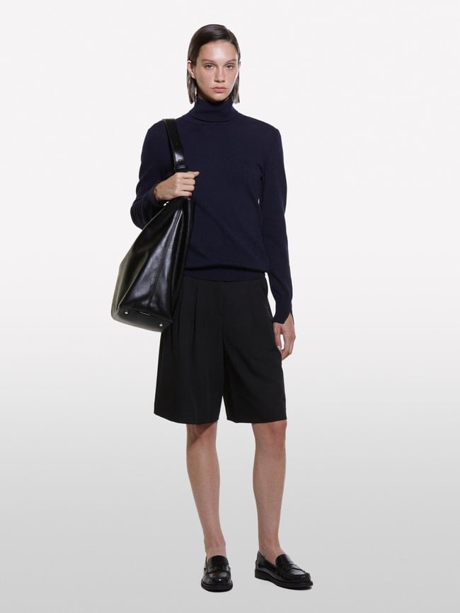  Kadın Lacivert Yün ve Kaşmir Karışımlı Ribana Detaylı Balıkçı Yaka Kazak