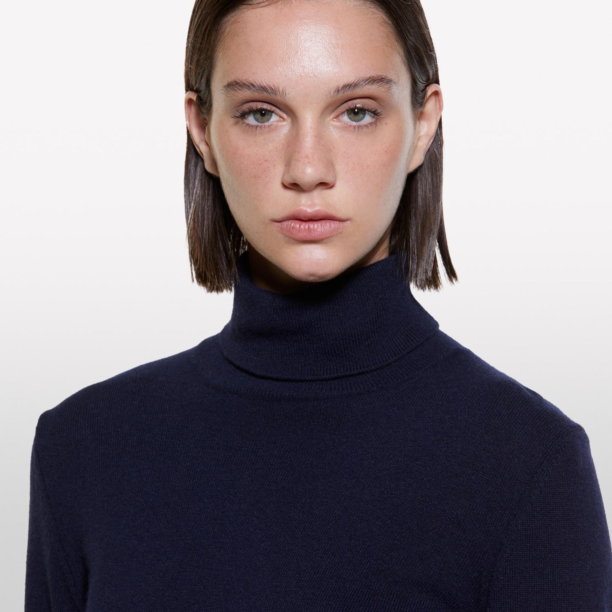 Kadın Lacivert Yün ve Kaşmir Karışımlı Ribana Detaylı Balıkçı Yaka Kazak