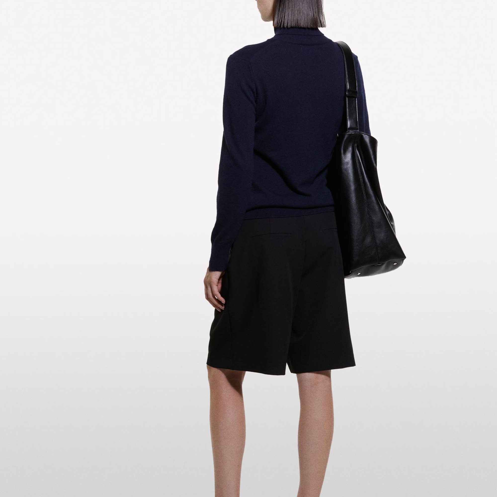 Kadın Lacivert Yün ve Kaşmir Karışımlı Ribana Detaylı Balıkçı Yaka Kazak