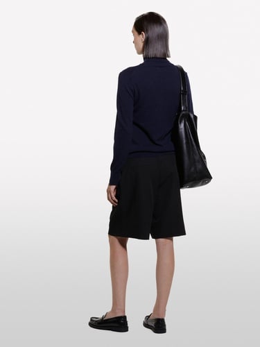  Kadın Lacivert Yün ve Kaşmir Karışımlı Ribana Detaylı Balıkçı Yaka Kazak