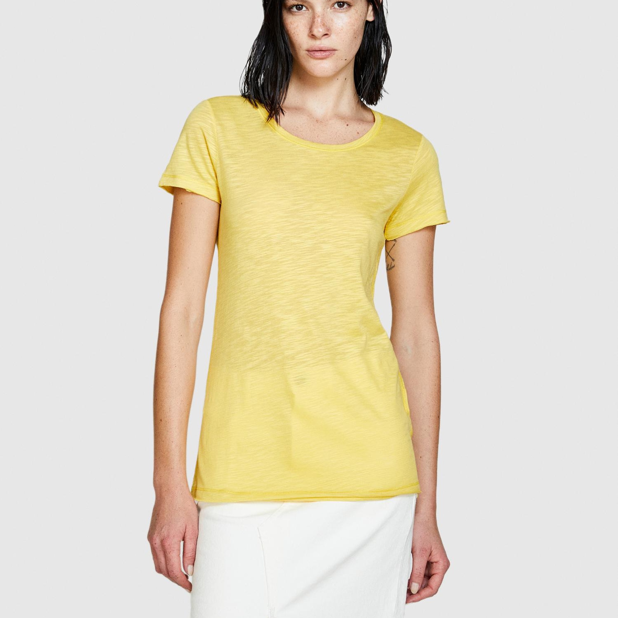 Kadın Sarı Pamuk Modal Karışımlı Normal Kalıp Bisiklet Yaka T-Shirt