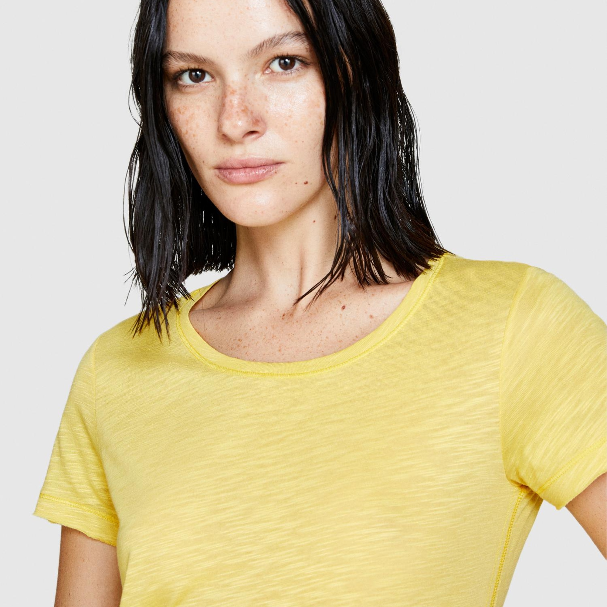 Kadın Sarı Pamuk Modal Karışımlı Normal Kalıp Bisiklet Yaka T-Shirt