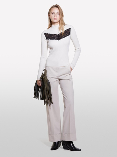  Kadın Bej Yün Karışımlı Önü Dantel Detaylı Dar Kesim Kazak