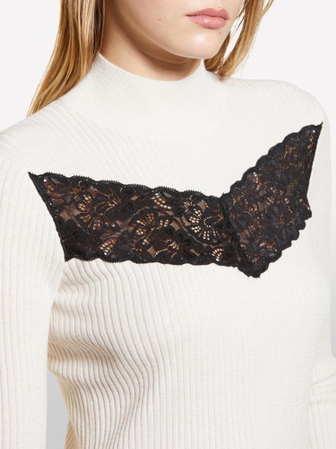  Kadın Bej Yün Karışımlı Önü Dantel Detaylı Dar Kesim Kazak