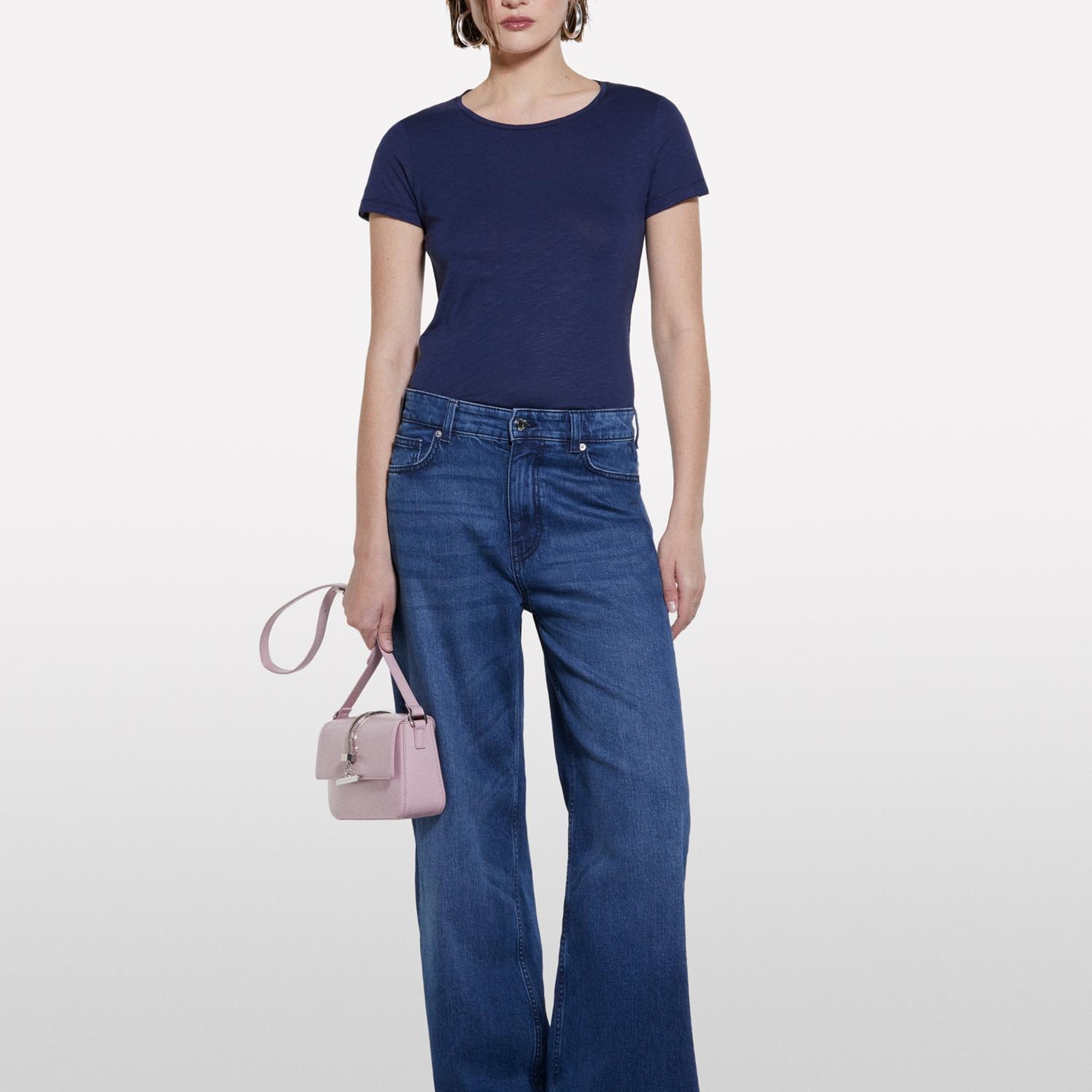 Kadın Lacivert Pamuk Modal Karışımlı Normal Kalıp Bisiklet Yaka T-Shirt