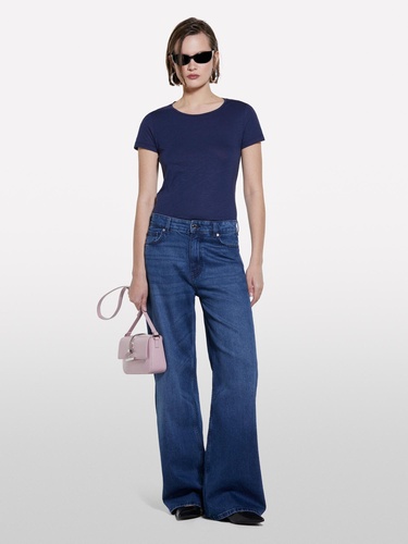  Kadın Lacivert Pamuk Modal Karışımlı Normal Kalıp Bisiklet Yaka T-Shirt