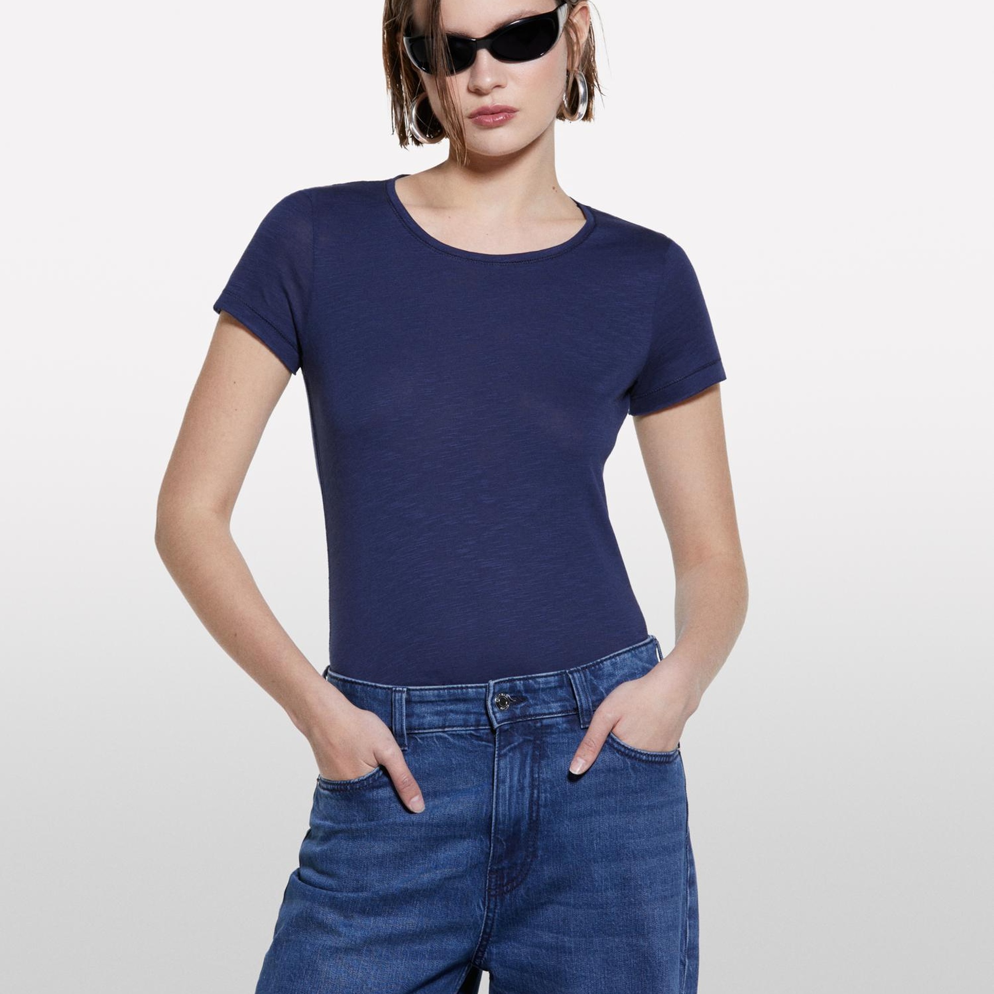 Kadın Lacivert Pamuk Modal Karışımlı Normal Kalıp Bisiklet Yaka T-Shirt