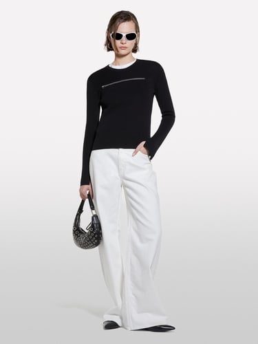  Kadın Siyah Viskoz Karışımlı Önü Detaylı Bisiklet Yaka Slim Fit Kazak