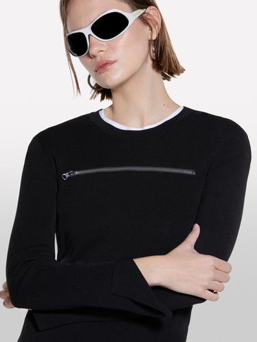  Kadın Siyah Viskoz Karışımlı Önü Detaylı Bisiklet Yaka Slim Fit Kazak