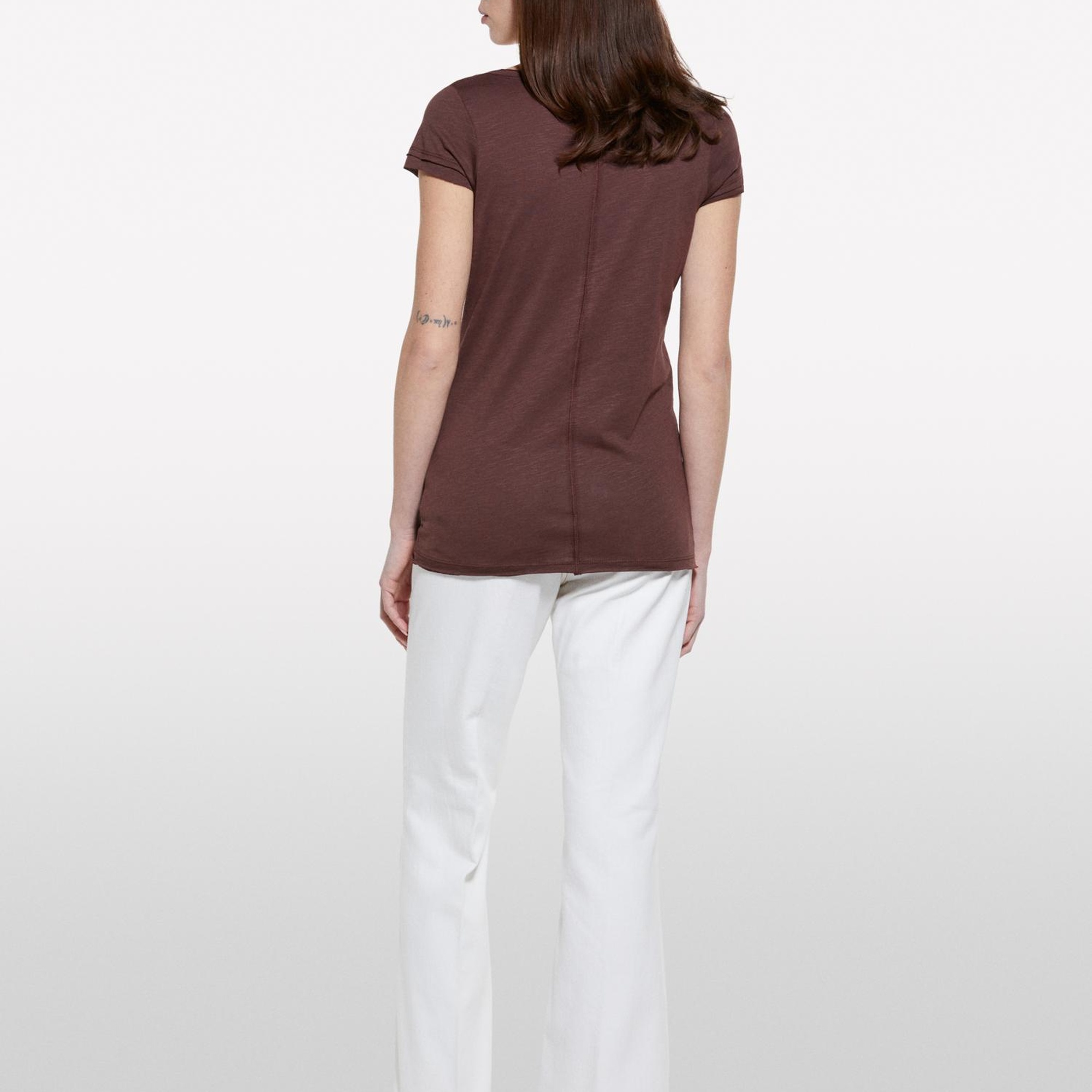 Kadın Koyu kahverengi Pamuk Modal Karışımlı Normal Kalıp V Yaka Slub T-Shirt