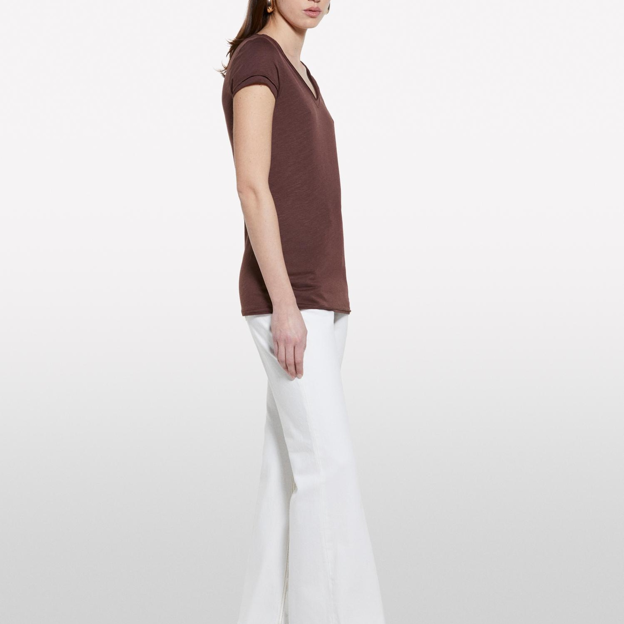 Kadın Koyu kahverengi Pamuk Modal Karışımlı Normal Kalıp V Yaka Slub T-Shirt