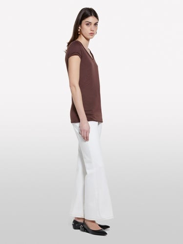  Kadın Koyu kahverengi Pamuk Modal Karışımlı Normal Kalıp V Yaka Slub T-Shirt