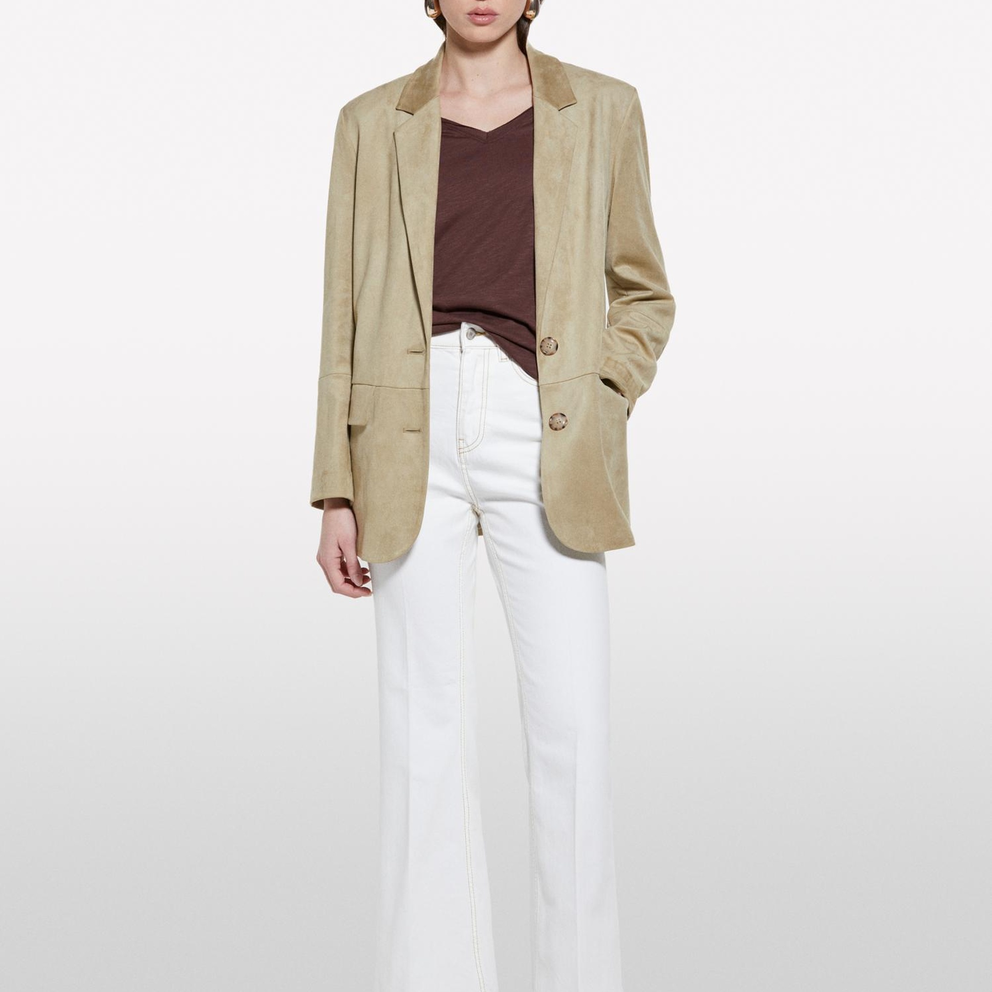 Kadın Koyu kahverengi Pamuk Modal Karışımlı Normal Kalıp V Yaka Slub T-Shirt